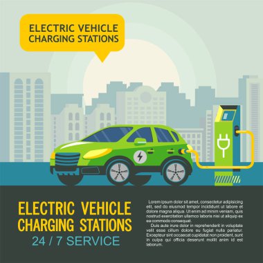 Yeşil elektrikli araç şarj istasyonu olarak. Kentsel peyzaj arka plan. Hizmet elektrikli araçlar. Vektör çizim.