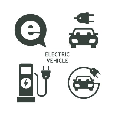 Vektör simgeler kümesi. Elektrikli araç. Elektrikli araçların servis.