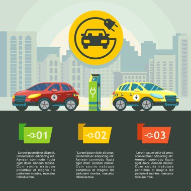 İki elektrikli araç şarj istasyonu. Kentsel peyzaj arka plan üzerinde. Vektör çizim metin için yer ile. Düz stil.