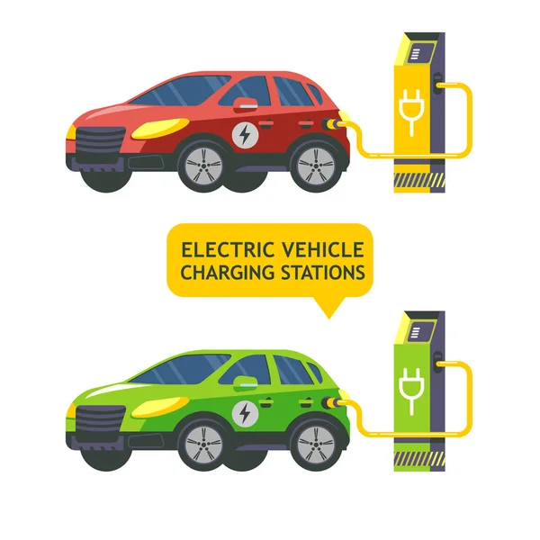 Elektrische auto op een laadstation. Service elektrische voertuigen. Vectorillustratie. Vlakke stijl. — Stockvector
