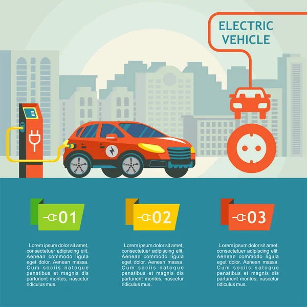 Auto elettrica in una stazione di ricarica. Lo sfondo del paesaggio urbano. Veicoli elettrici di servizio. Illustrazione vettoriale . — Vettoriale Stock