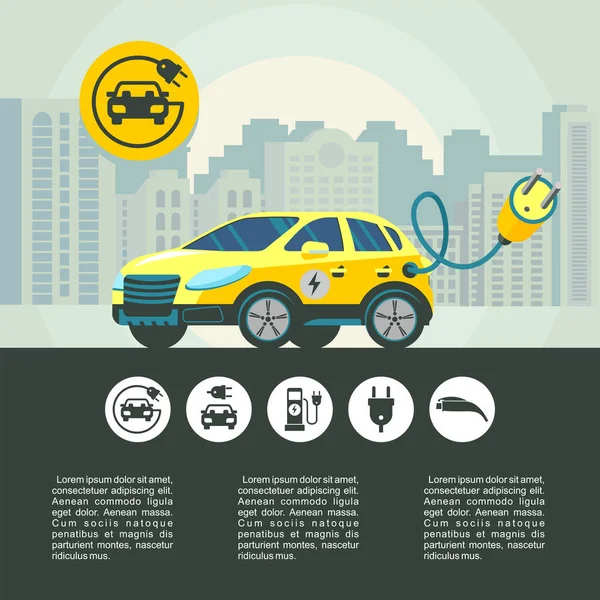 Elektrische auto op de achtergrond van de stad. Stadsauto. Vectorillustratie. Set van vector pictogrammen. — Stockvector