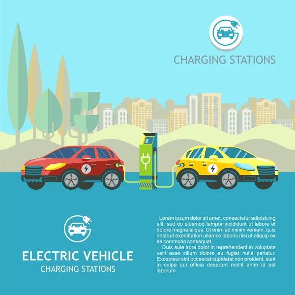 Elektrische auto's bij het opladen van de stations op de achtergrond van het stedelijke landschap. Vectorillustratie. Vlakke stijl. — Stockvector