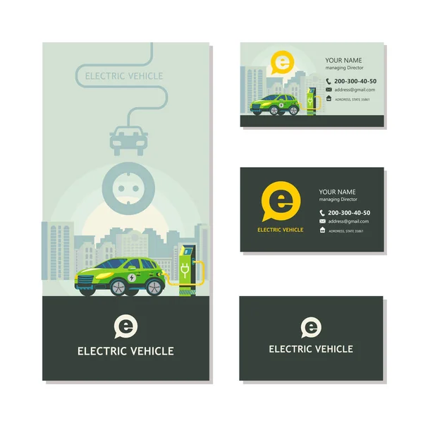 Coche eléctrico verde en la estación de carga. Vehículos eléctricos de servicio. Identidad corporativa, volante, tarjetas de visita . — Archivo Imágenes Vectoriales