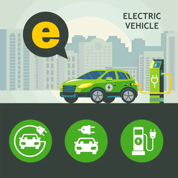 Carro elétrico verde na estação de carregamento. O contexto da paisagem urbana. Conjunto de pictogramas vetoriais carro elétrico . —  Vetores de Stock