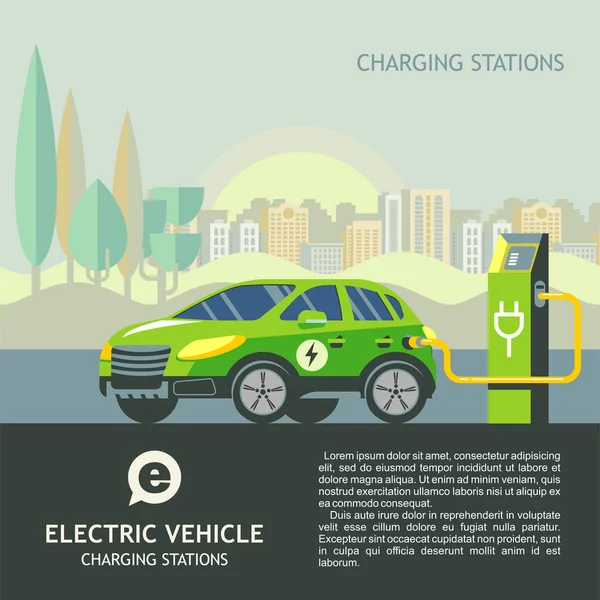 Zielony samochód elektryczny w stacji ładującej. Na tle krajobrazu miejskiego. — Wektor stockowy