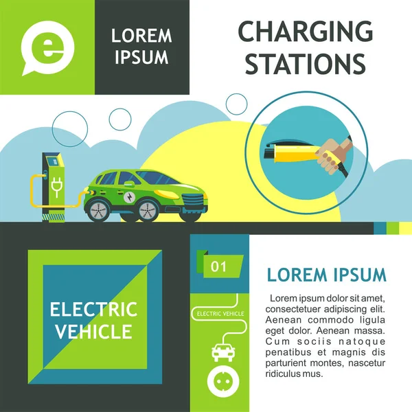 Mașină electrică verde la stația de încărcare. Vehicule electrice de serviciu. Ilustrație vectorială . — Vector de stoc