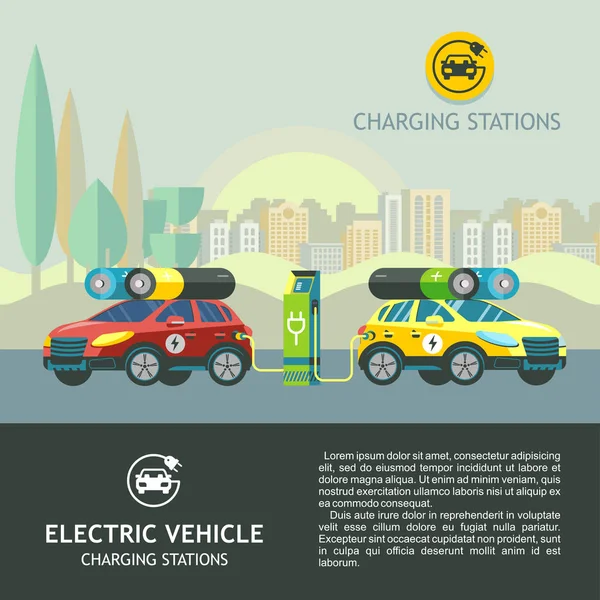 Dois carros eléctricos numa estação de carregamento. No fundo da paisagem urbana. Ilustração vetorial. Estilo plano . —  Vetores de Stock
