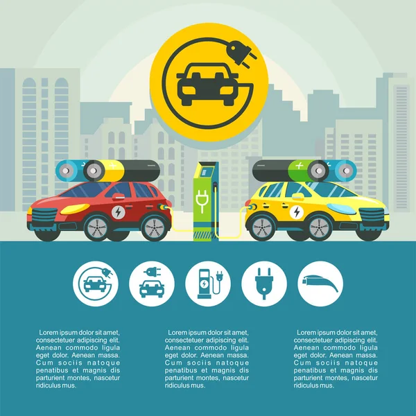 İki elektrikli araç şarj istasyonu. Kentsel peyzaj arka plan üzerinde. Vektör çizim. Düz stil. Vektör ikonlar kümesi.