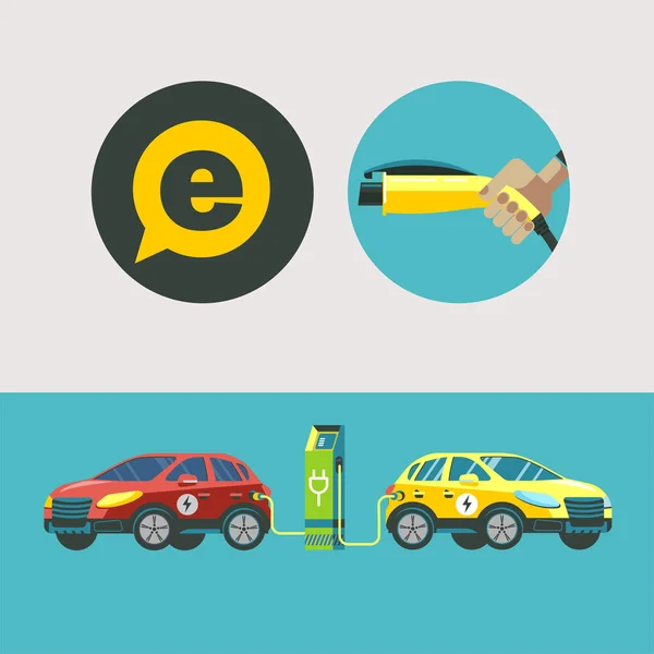 Dois carros eléctricos numa estação de carregamento. Veículos elétricos de serviço. Ilustração vetorial. Estilo plano . —  Vetores de Stock