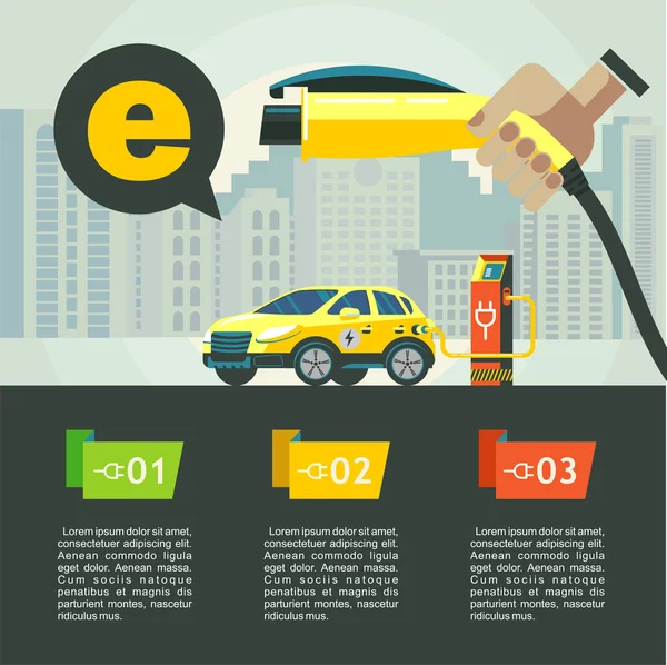 Carro elétrico amarelo em uma estação de carregamento. O contexto da paisagem urbana. Carregador para o carro . —  Vetores de Stock