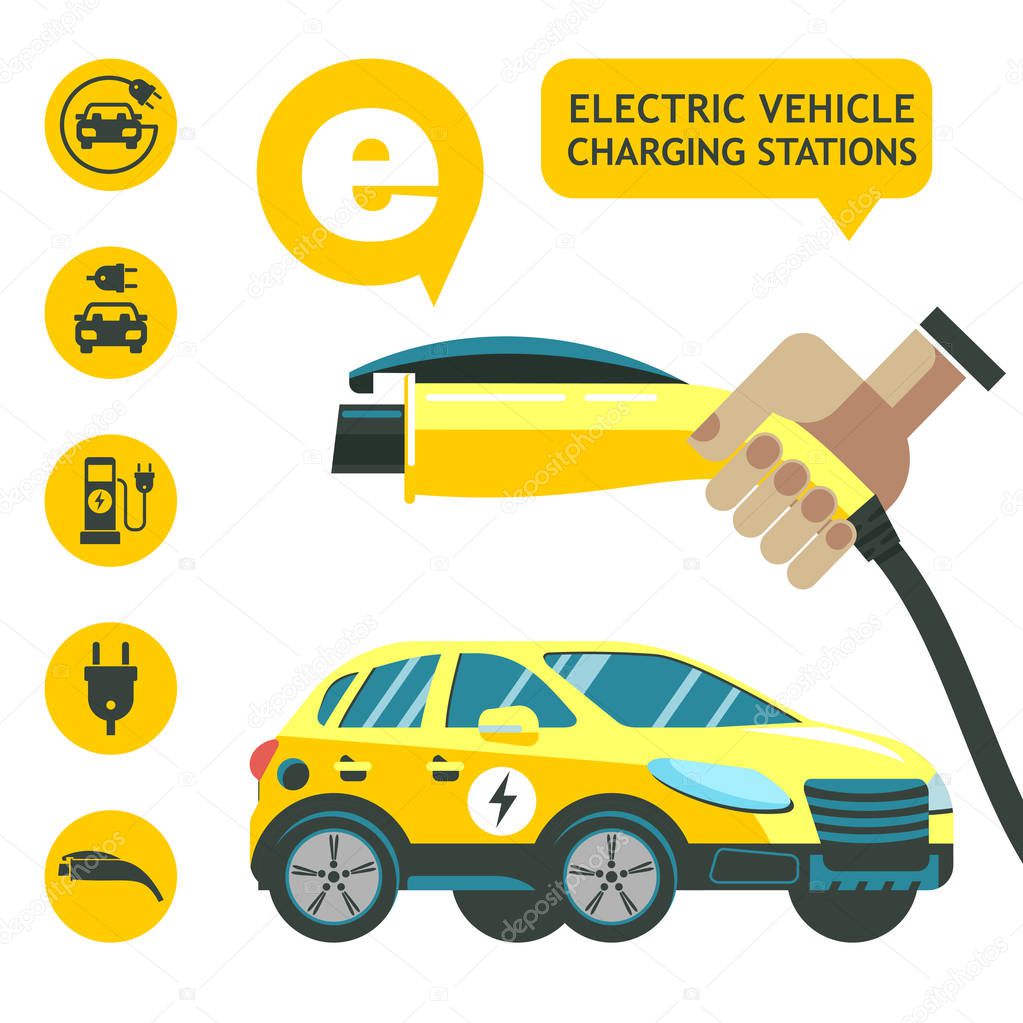 Electric car. Charger for car. Service electric vehicles. Vector icons.