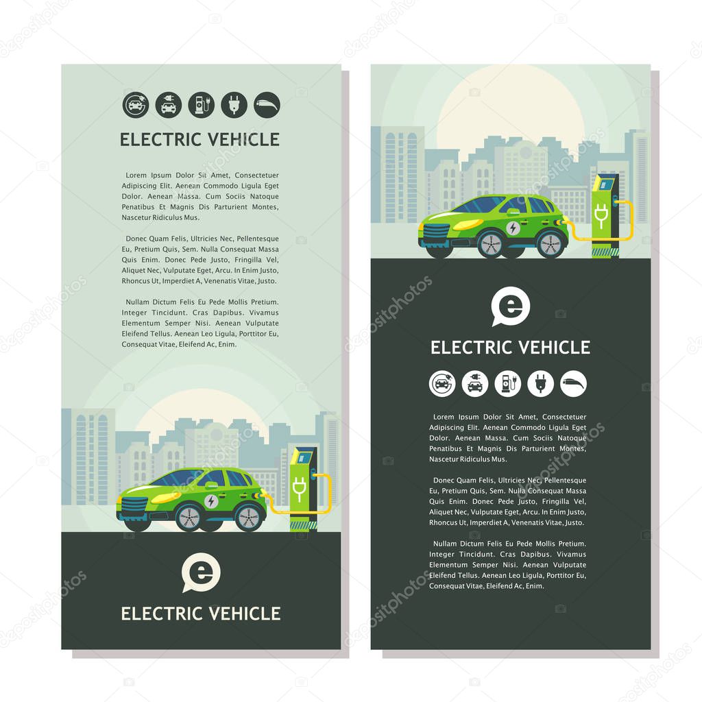 Green electric car at charging station. Service electric vehicles. Vector illustration, flyer.