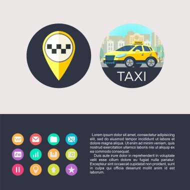 Vektör simgeler taksi. Taksi hizmeti. Sarı taksi arabanın arka plan yüksek binaların içinde. Simgeler mobil app taksi hizmeti.