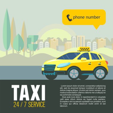 Taksi durağı vektör Illustration. Sarı taksi araba arka plan yüksek doğmak binalarda.