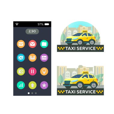 Vektör logolar, amblemler taksi. Mobil app taksi. Taksi hizmeti. Hareket eden app için simge kümesi.