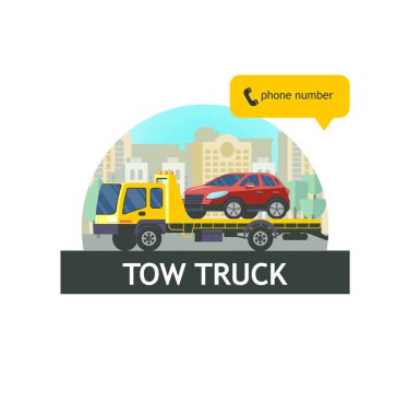 Ulaşım hatalı arabalar için çekici. Arabayı tahliye. Vektör çizim, logo.