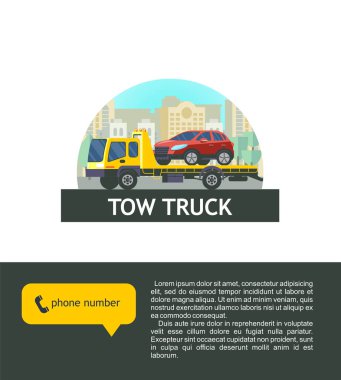 Ulaşım hatalı arabalar için çekici. Vektör çizim, logo. Arabayı tahliye.