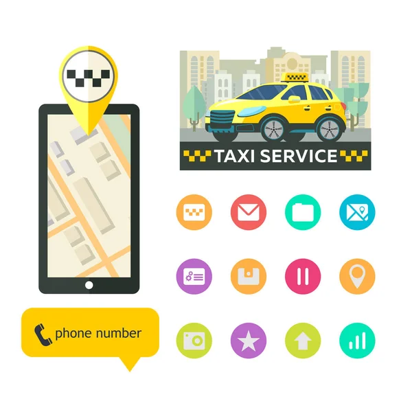 的士服务。移动应用程序出租车。一套为移动应用程序在一个大城市出租车的图标. — 图库矢量图片