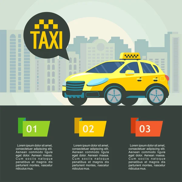 Ilustración vectorial de un servicio de taxi. Servicio de taxi. Taxi amarillo coche en el fondo edificios de gran altura . — Vector de stock