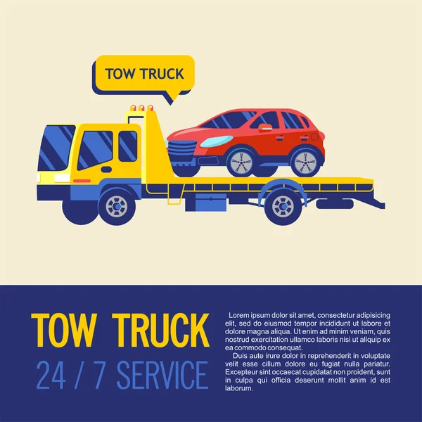 Camião de reboque para o transporte de carros defeituosos. Serviços de reboque 24 horas 7 dias por semana. Ilustração vetorial com lugar para texto . — Vetor de Stock