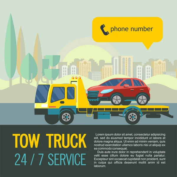 Ulaşım hatalı arabalar için çekici. Vektör çizim metin için yer ile. Şehirde araba boşaltılmasında.