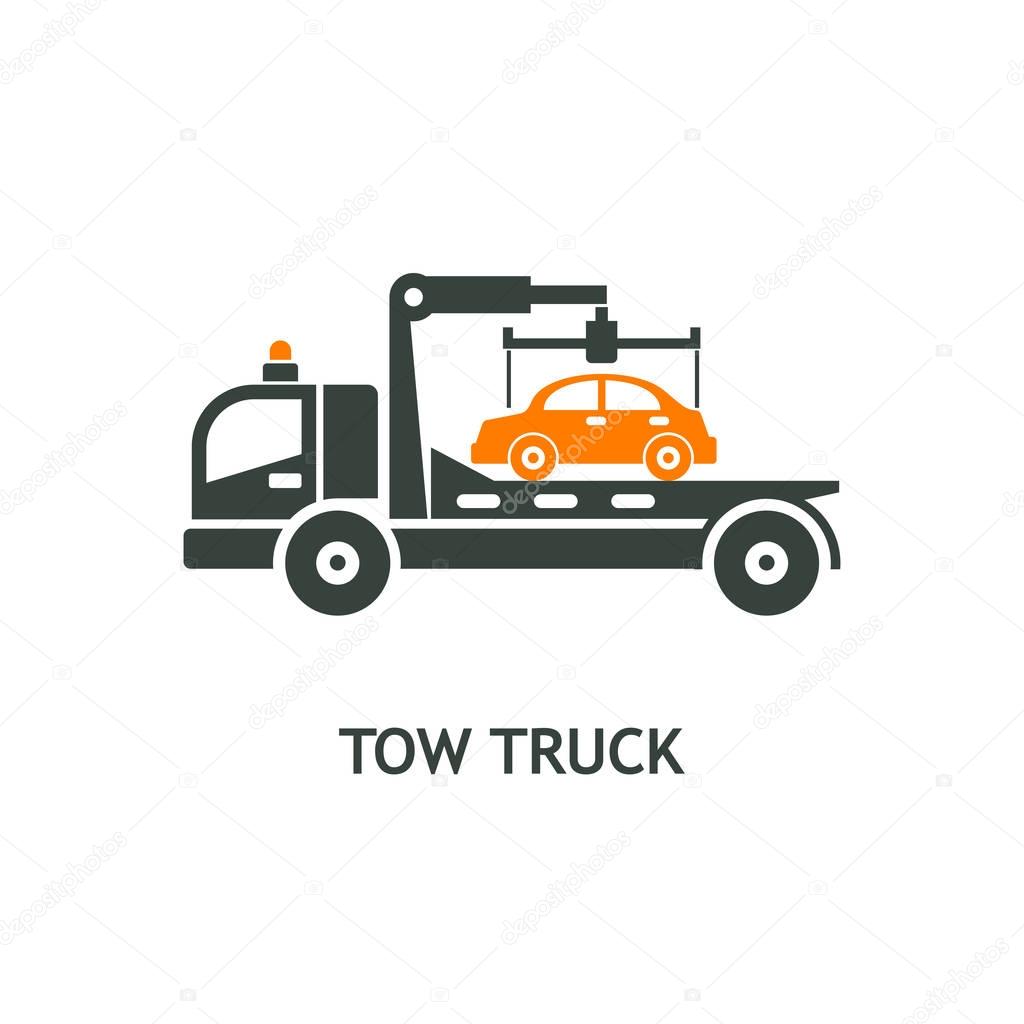 Evacuation vehicles. Tow truck for transportation faulty cars. Vector pictogram, icon.