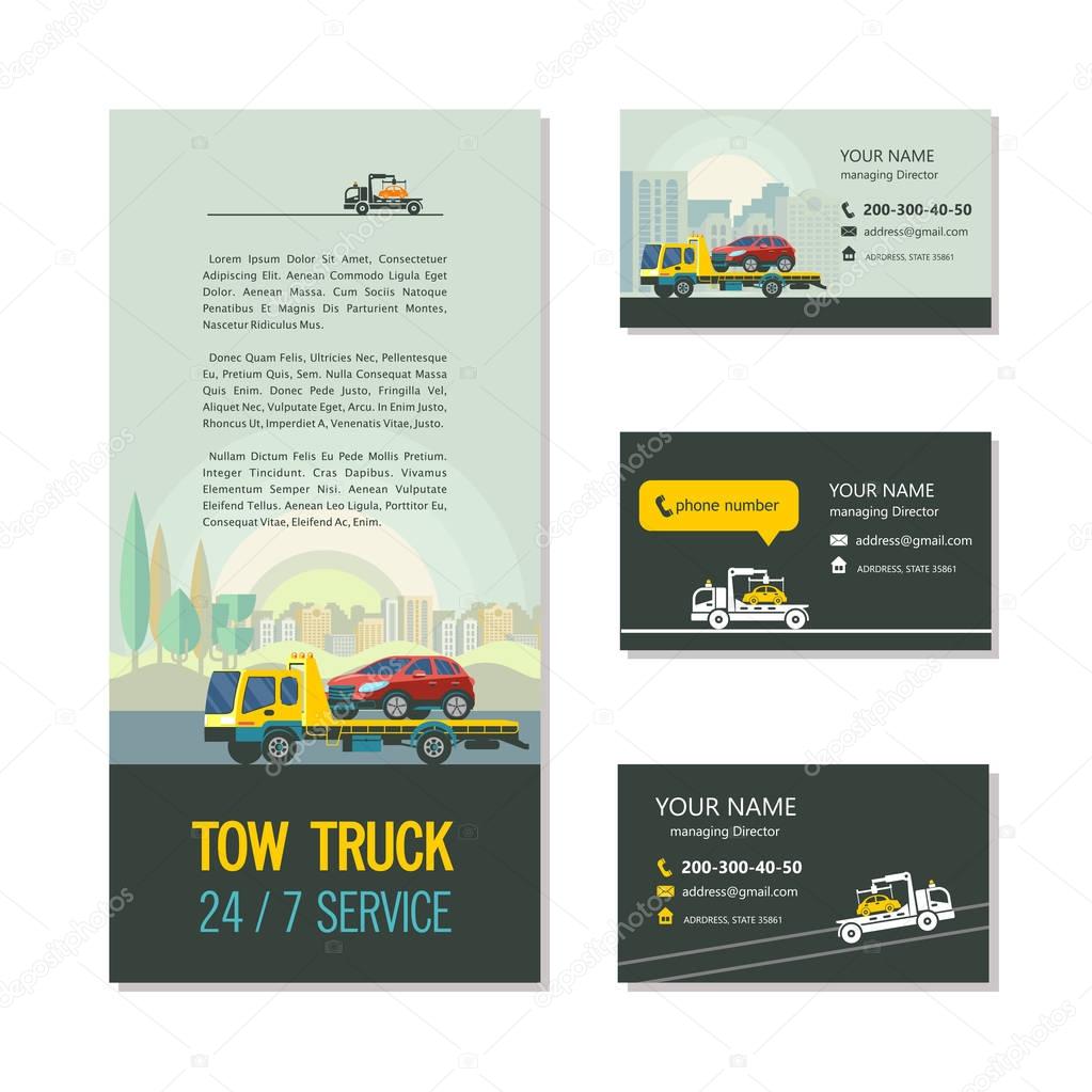 Evacuation vehicles. Tow truck for transportation faulty cars. Corporate identity design, business cards, flyers.