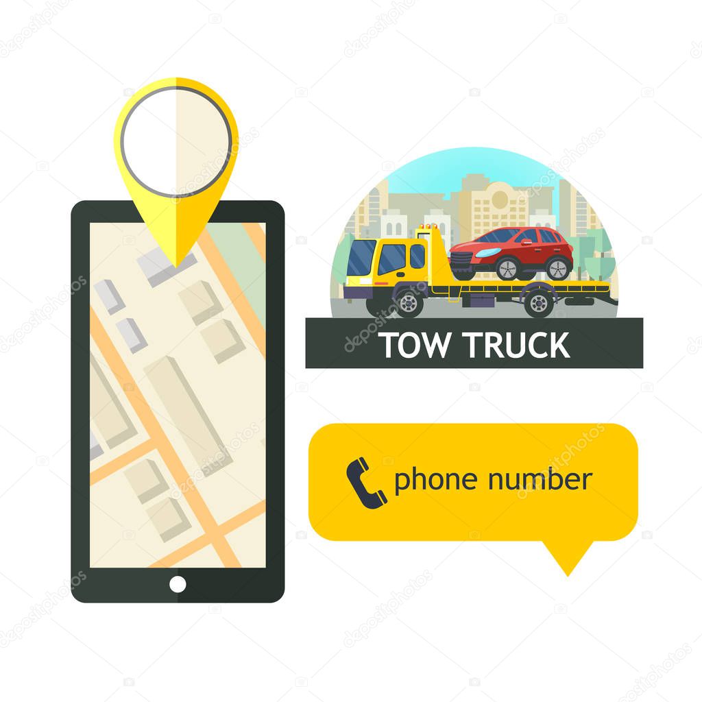 Evacuation vehicles. Tow truck for transportation faulty cars. Design logos, logo. Phone GPS.