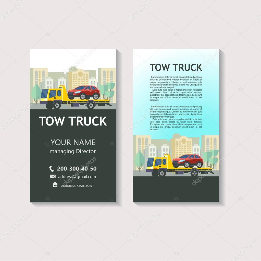 Tow truck for transportation faulty cars. Evacuation vehicles. Corporate identity design, business cards, flyers.