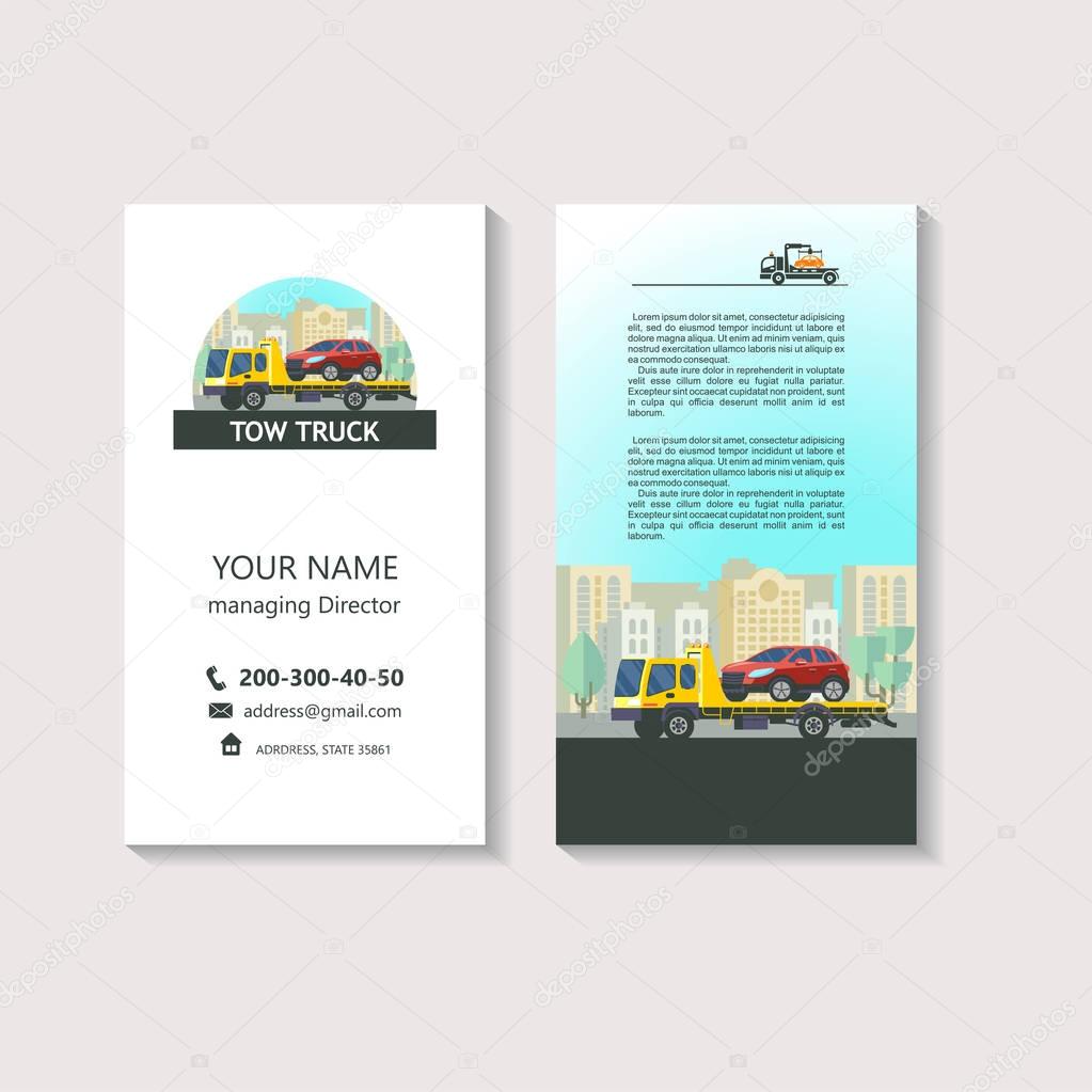 Tow truck for transportation faulty cars. Evacuation vehicles. Business card, corporate identity, flyer.