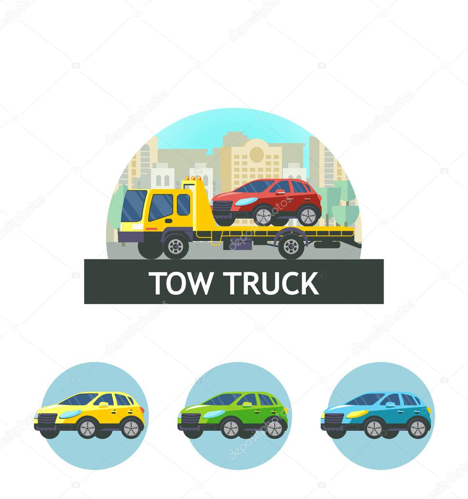 Tow truck for transportation faulty cars. Vector illustration, logo, icon. The evacuation of the car.
