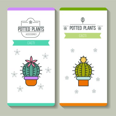 Saksı bitkileri. Kartvizit. Vektör çizim. Çiçekçi dükkanı. Beyaz arka plan üzerinde izole.