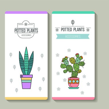 Saksı bitkileri. Kartvizit. Çiçekçi dükkanı. Vektör çizim. Beyaz arka plan üzerinde izole.