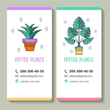 Saksı bitkileri. Kartvizit. Vektör çizim. Beyaz bir arka plan üzerinde izole. 