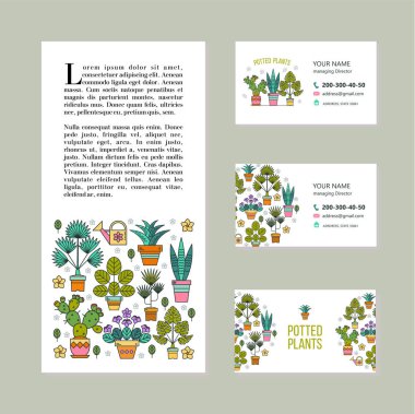 Potted plants. Vector illustration, corporate identity. Business cards, leaflet. Flower shop. Isolated on white background. clipart