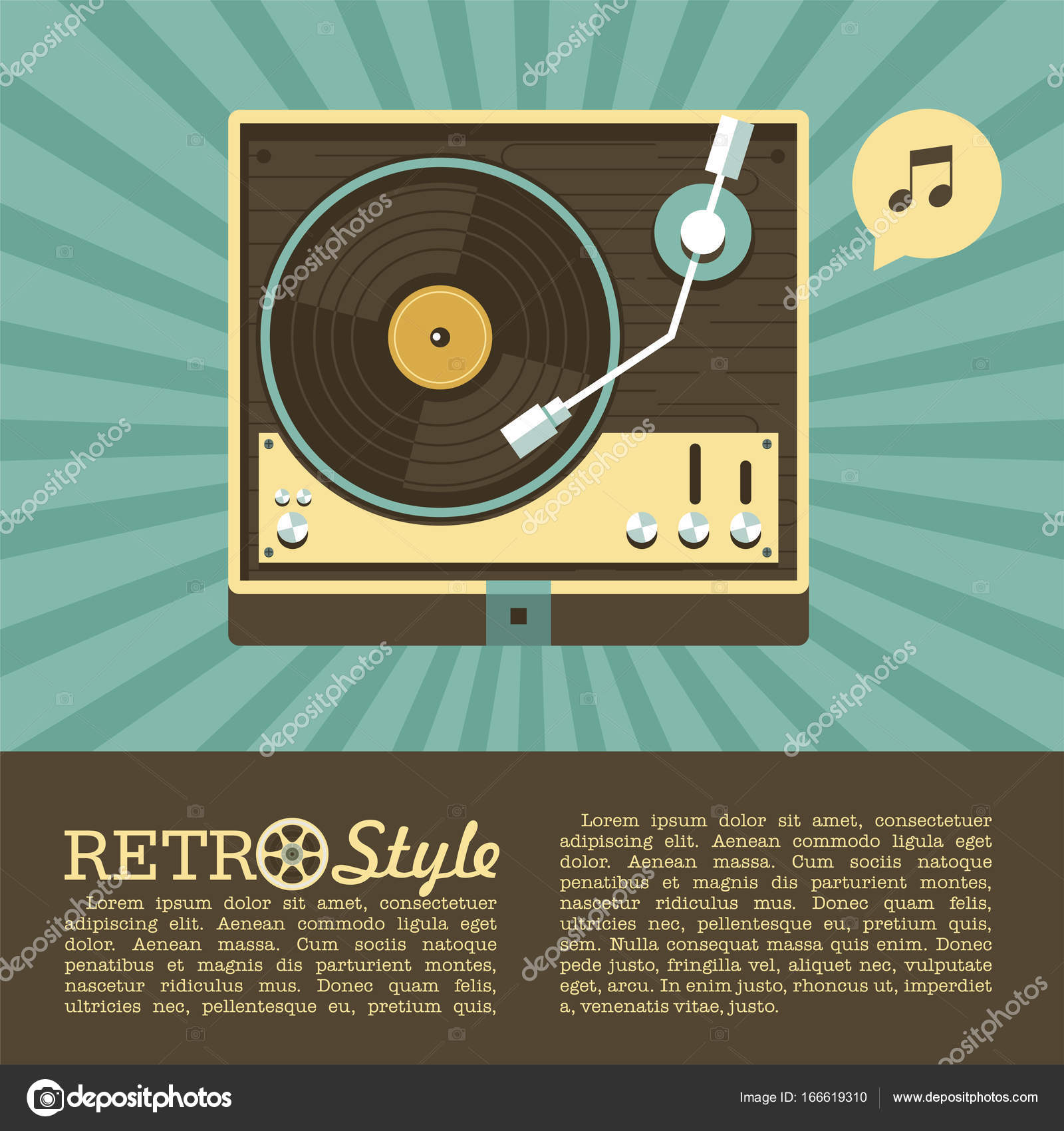 Jogador de discos de vinil. Música retrô. Logo, ícone. Ilustração vetorial  com lugar para texto . vetor(es) de stock de ©katedemianov 166619310