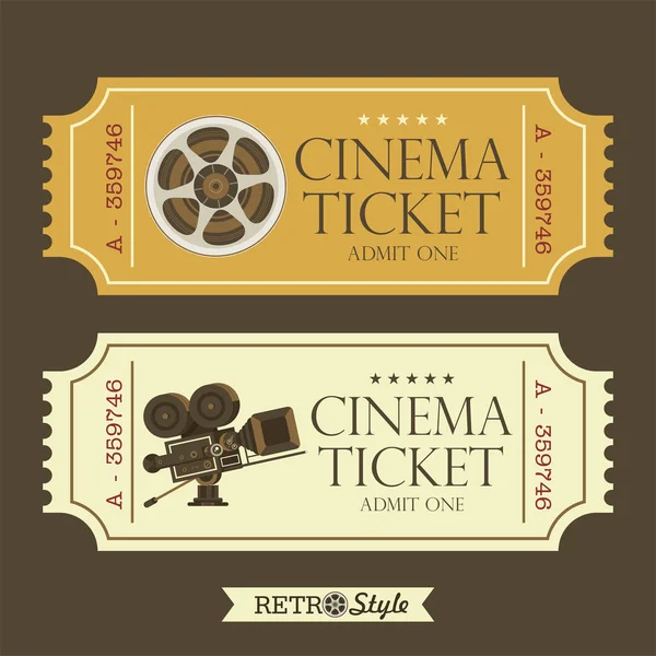 Concevoir des billets de cinéma vintage. Du cinéma rétro. Caméra de film vintage et bobine de film, logos vectoriels . — Image vectorielle