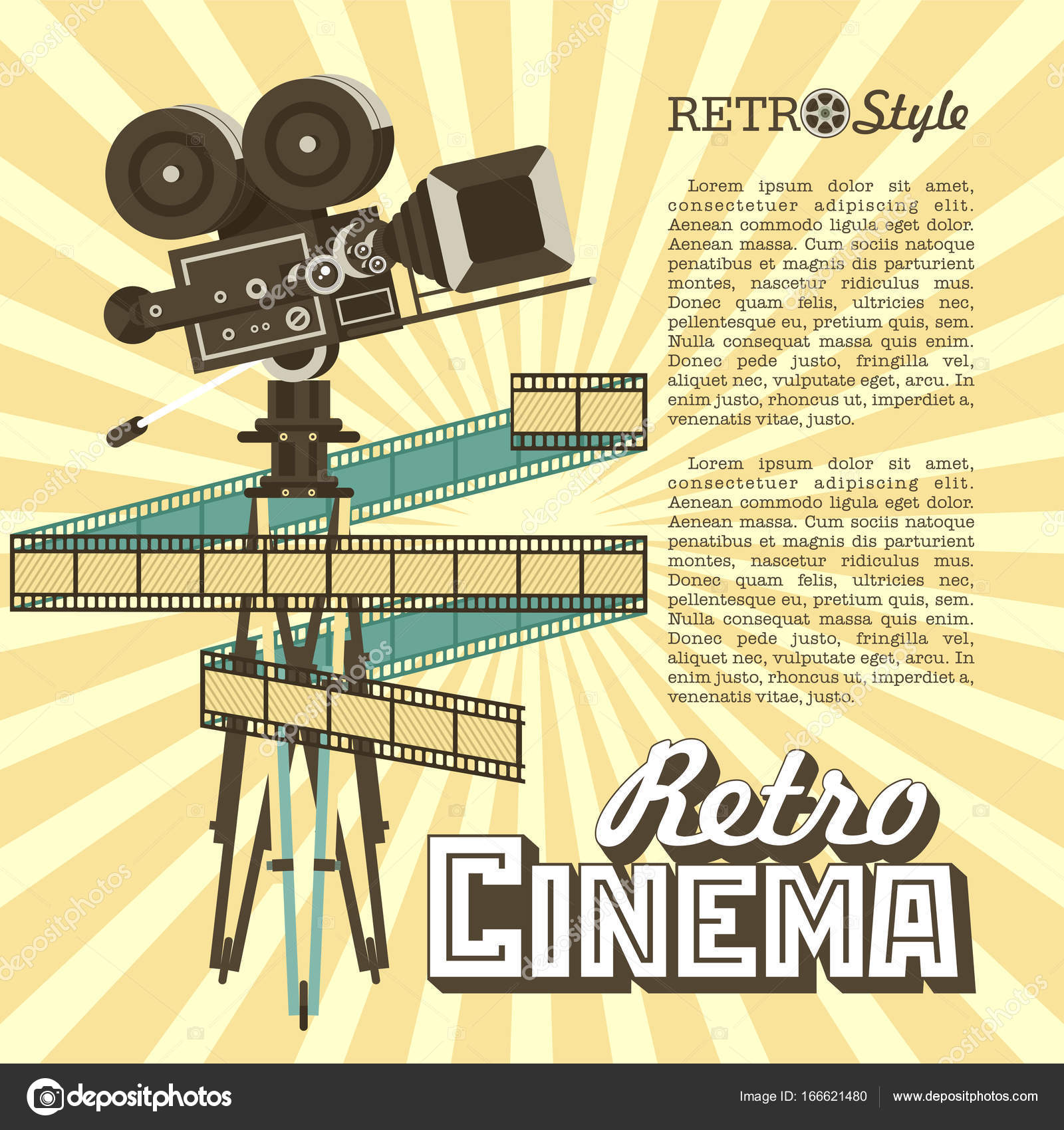 Vintage film camera. Vector poster retro movie theater with place for