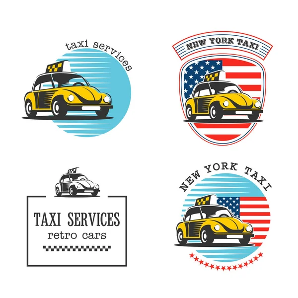 Таксі в Нью-Йорку. Служба таксі. Векторний набір логотипи. Жовті таксі автомобіля на американський прапор фоні. — стоковий вектор