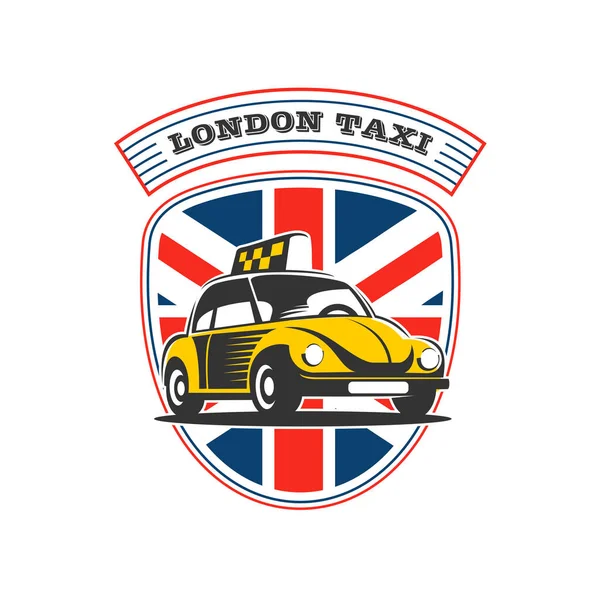 Das Londoner Taxi. gelbe Taxis im Hintergrund der britischen Flagge. Vektoremblem, Logo. isoliert auf weißem Hintergrund. — Stockvektor
