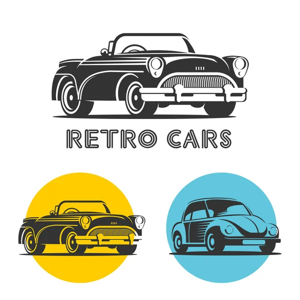 Vintage arabalar. Vektör logolar kümesi. Beyaz arka plan üzerinde izole tek renkli.