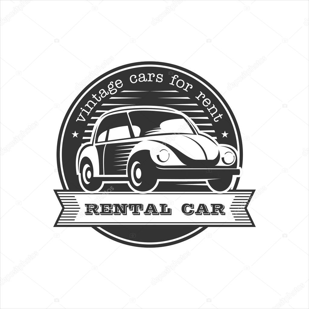 Vintage cars for rent. Rental of vintage cars. Monochrome vector logo. Isolated on a white background.