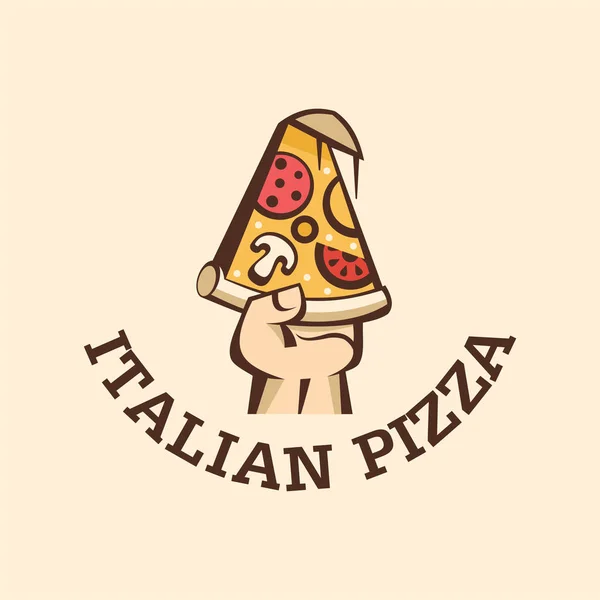 A slice of hot pizza with mushrooms, sausage, tomatoes and cheese in hand. Logo vector Italian pizza. — Stock Vector