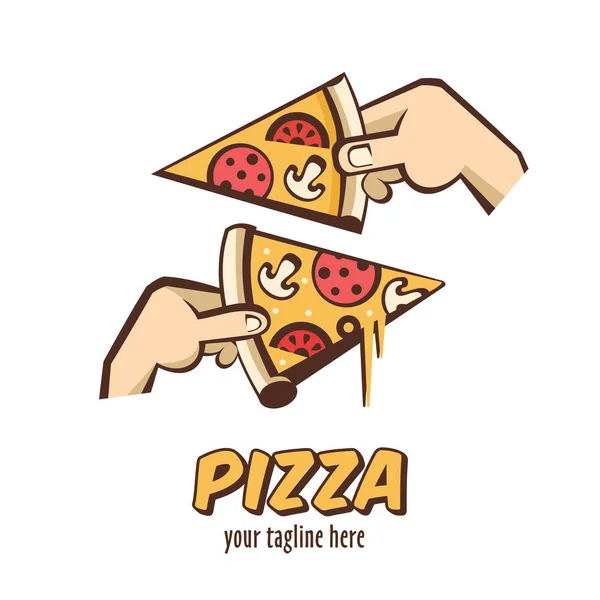 Colecție de logo-uri vectoriale în stil desene animate pentru pizzeria cafenelei. O felie de pizza fierbinte cu ciuperci, cârnați, roșii și brânză în mână . — Vector de stoc