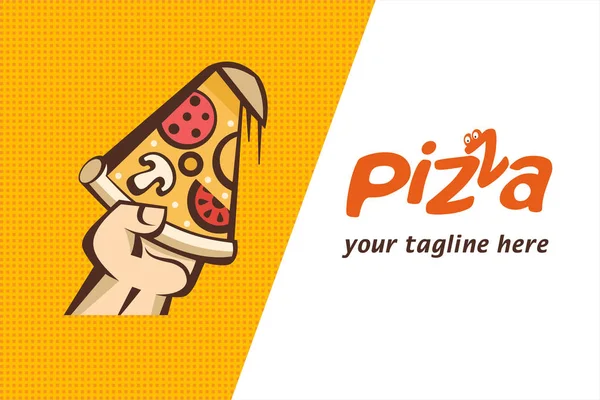 Uma fatia de pizza quente com cogumelos, salsicha, tomate e queijo na mão. Ilustração vetorial, logotipo no estilo dos desenhos animados para pizzaria de café . —  Vetores de Stock