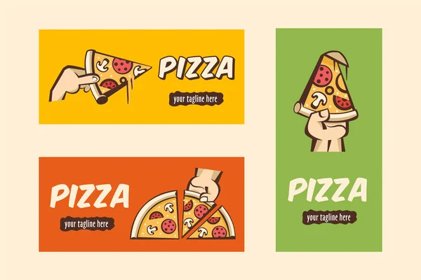 Vektör logo pizza. Mantar, sosis, domates ve peynir ile sıcak pizza bir