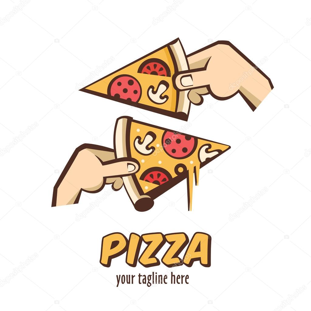 Collection of vector logos in cartoon style for cafe pizzeria. A slice of hot pizza with mushrooms, sausage, tomatoes and cheese in hand.