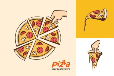 İtalyan pizza. Vektör logolar karikatür tarzı. Büyük dilimlenmiş pizza. Bir dilim pizza elinde.