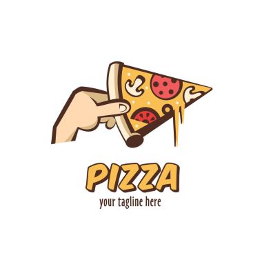 Logo vektör İtalyan pizza. Mantar, sosis, domates ve peynir elinde sıcak pizza yiyelim. Vektör çizim karikatür tarzı.